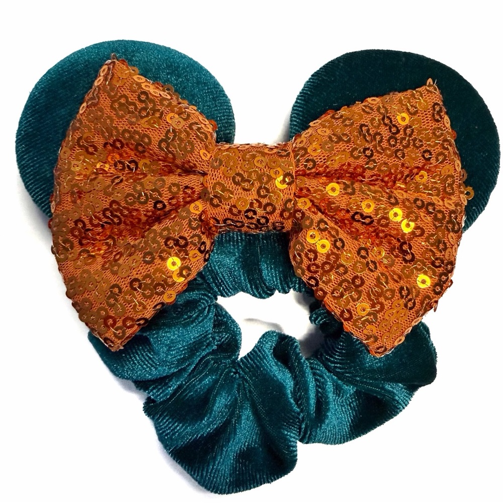 Disney Inspired Teal and Orange Sequin Mouse Ears Bow Hair Scrunchie